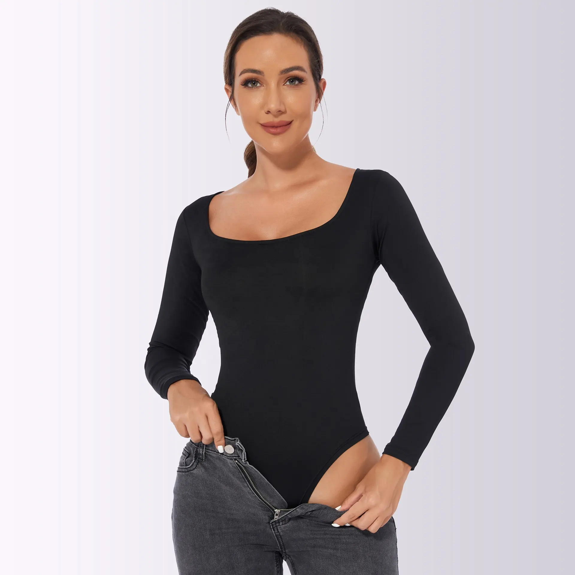 Düşük Moq katı renk artı boyutu seksi bodysuits bayanlar slim fit uzun slvee bodysuit kare yaka romper kadınlar