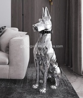 Élégante statue de chien lion en métal argenté avec accent doré Base en marbre de qualité supérieure Artisanat en résine pour villa de luxe ou espace commercial