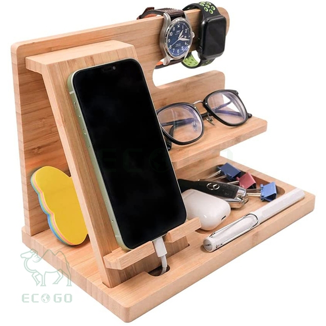 Bamboo Desk Storage Organizer Wooden Phone Docking Station and Nightstand Organizer Phone Stand-Beside Charging Station