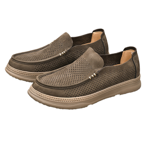 Chaussures de marche pour hommes en cuir pleine fleur ajouré à bout rond, à enfiler, souples, légères, respirantes, avec doublure et semelle intérieure en PU, tendance mode - Product Image 1