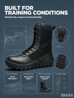 Bottes tactiques d'extérieur en cuir pleine fleur noir imperméable avec doublure en mesh, semelle intermédiaire en EVA et semelle extérieure en caoutchouc, marque OEM