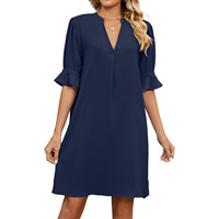 Robes d'été pour femmes, nouvelle collection, couleur unie, col en V, ample, plissée, manches courtes, t-shirt décontracté, robe pour femmes