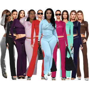 Ensemble décontracté pour femme : veste et pantalon évasé imprimé à capuche avec passe-pouces, tenue de détente deux pièces - Product Image 2