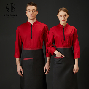 Uniforme de serveur/<span class=keywords><strong>serveuse</strong></span> unisexe à manches longues, respirant, lavable, avec poche, impression personnalisée du logo, pour cuisine, café, vêtements de travail - Product Image 4