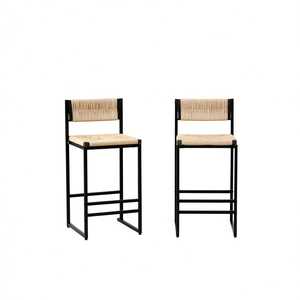 Juego de 2 taburetes de bar estilo moderno con asiento y respaldo de cuerda de papel tejida a mano, estructura metálica, calidad comercial para isla de cocina - Product Image 1