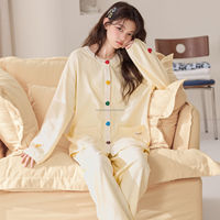 Ensemble de pyjama en tricot gaufré pour femmes, boutons en forme de cœur, manches longues, vêtements de nuit en coton, décontracté, ample, printemps et automne, nouvelle tenue de nuit