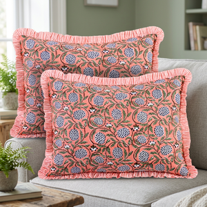 RIDHI 20x26" Dusty Rose Ruffle Lumbar Pillow Cover Set Hand Block Print Floral Western Style Cotton Customizable Removable Decor - Product Image 2