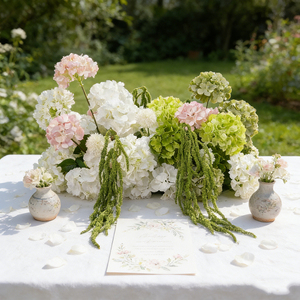 Decoración Floral Artificial para Pasillo de 70 cm, Mezcla de Hortensias y Amaranto, Color <span class=keywords><strong>Rosa</strong></span> Pálido y Verde, Camino de Mesa Floral - Product Image 1