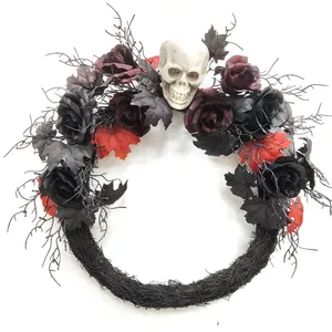 2022 Ghost Festival Decorations Wreaths Hanging Prelit Light Up Black Rose Party Front Door Decor Witch Skull Halloween Wreath