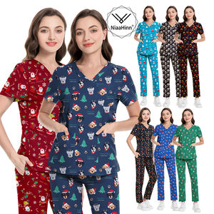 Ensembles de gommage à motifs imprimés personnalisés Haut col en V à manches courtes unisexe Uniforme de gommage imprimé médical de Noël - Product Image 1