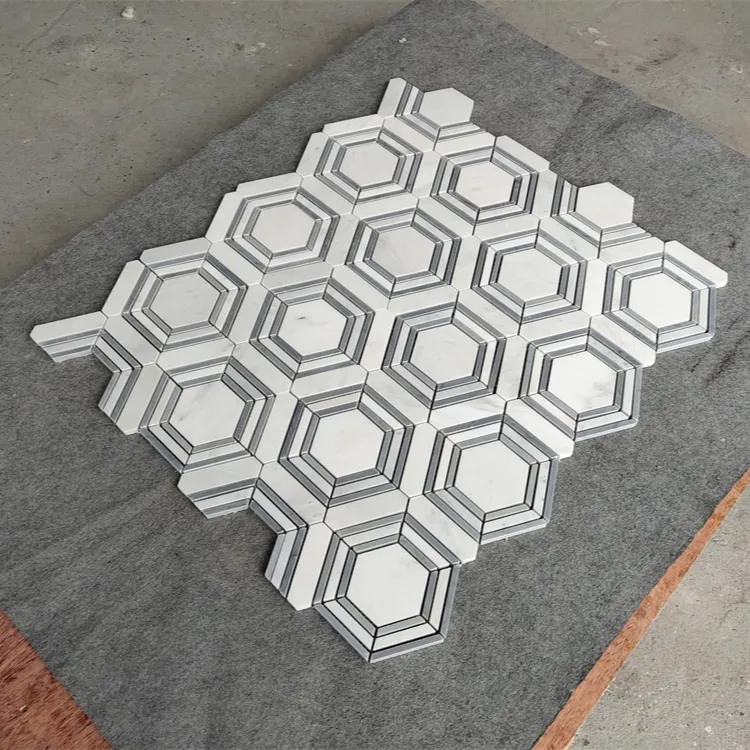 Orientalisch weißes reguläres Sechskant-Marmor mosaik der Stufe 1 und 2 und Lateingrau