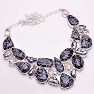 สร้อยคอเงินแท้ 925 แบบกําหนดเอง, เครื่องประดับอัญมณีออบซิเดียนเกล็ดหิมะธรรมชาติ, เครื่องประดับอัญมณีเงินผู้ค้าส่ง - Product Image 1