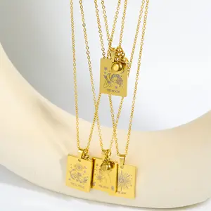 Benutzer definierte Tarot-Karte 18 Karat vergoldete Edelstahl Halskette Birth stone Zodiac Anhänger Halskette für Frauen