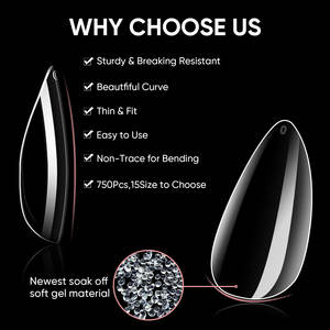 Tips Kuku <span class=keywords><strong>Gel</strong></span> Pendek Lembut Alami Bentuk Almond, Tanpa Lipatan, Ultra Tipis, OEM Pabrik, Full Cover Transparan, 750 Pcs, 15 Ukuran - Product Image 5