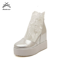 Nouvelles dames printemps automne femmes pompes maille haute plate-forme épaisse fleur blanche dentelle mariées mariage mariée talon chaussures