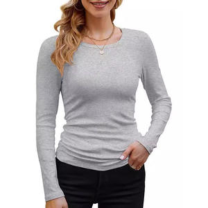 <b>Women's</b> Basic Neck Long Sleeve <b>T</b>-<b>Shirt</b> Cross-Border Slim Fit Solid Color Made Comfortable Ribbed Rayon Fabric - Product Image 2
