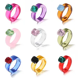 Recién llegado, anillos de diamantes coloridos, anillos de piedras preciosas de colores de caramelo acrílico, decoración de dedos para niñas dulces, joyería de moda
