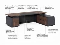 Bureau de direction moderne en bois avec table d'appoint extensible, multifonction, gestion des câbles, tiroirs de rangement pour ordinateur, serrure numérique
