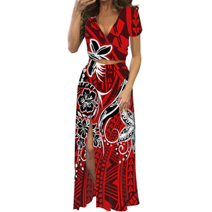 Verde polinesio Tribal Tapa ropa elegante hibisco flores mujeres Maxi vestido verano manga corta cuello en V vestido estampado bajo demanda - Product Image 4