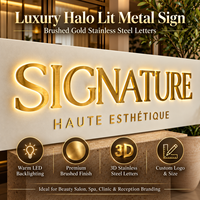 Enseigne personnalisée en acier inoxydable doré avec logo 3D et rétroéclairage LED halo chaud pour la décoration murale de salon de beauté, spa, clinique ou réception