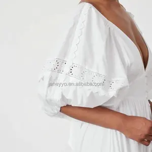 New Trendy Short Puff Sleeve Elegant Button up Deep V Neck Loose Wedding Dress Delicate Embroidery Pure Cotton Maxi Casual Dress