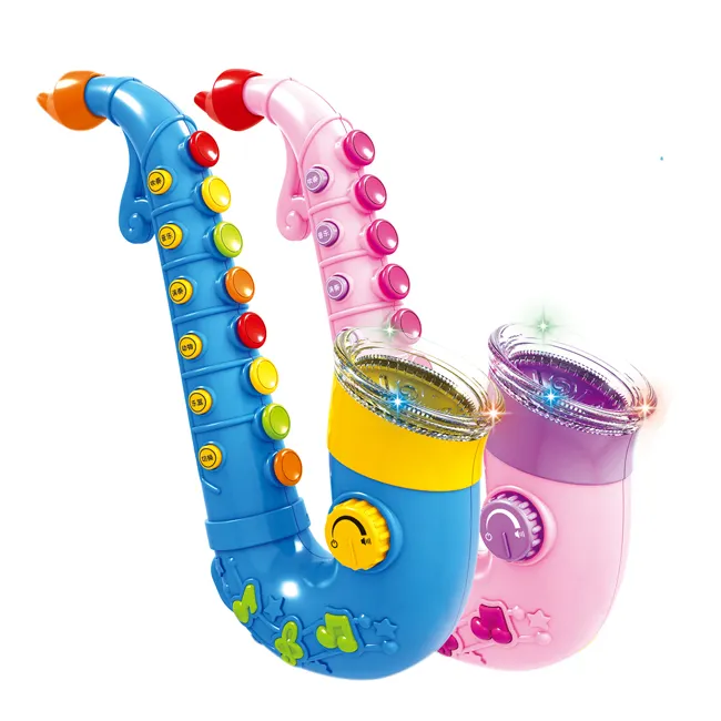 MP3デバイスに接続されたキッズ楽器2色の多機能サックス玩具と音楽と光の混合