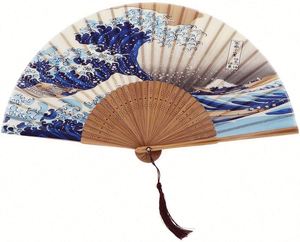 Éventail japonais de luxe en bambou, motif Grande Vague de Kanagawa, 33 cm, style DIY, idéal pour souvenirs, livré en boîte - Product Image 1