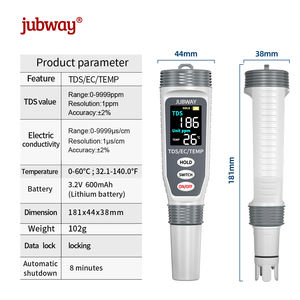 Testeur <span class=keywords><strong>de</strong></span> <span class=keywords><strong>dureté</strong></span> <span class=keywords><strong>de</strong></span> <span class=keywords><strong>l</strong></span>'<span class=keywords><strong>eau</strong></span> TDS rechargeable <span class=keywords><strong>de</strong></span> qualité supérieure 0-9999 mg/<span class=keywords><strong>L</strong></span>, stylo testeur, utilisation commerciale, vente en gros d'usine OEM, haute précision, CE JUBWAY - Product Image 2