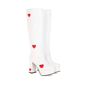 Bottes fantaisie pour filles, forme cœur, bottes d'hiver hautes jusqu'au genou, plateforme, bout carré, talon épais, fermeture éclair latérale, grande taille 43 - Product Image 3