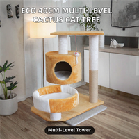 Arbre à chat d'intérieur moderne de 40 cm, écologique, à 2 niveaux, design cactus, avec perchoir en peluche, sisal et bois, niche privée pour chat, petit carton