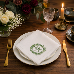Serviette en lin de qualité supérieure avec broderie monogramme |   Serviette de table en lin blanc avec un élégant motif initial vert. Serviette de table de luxe - Product Image 3