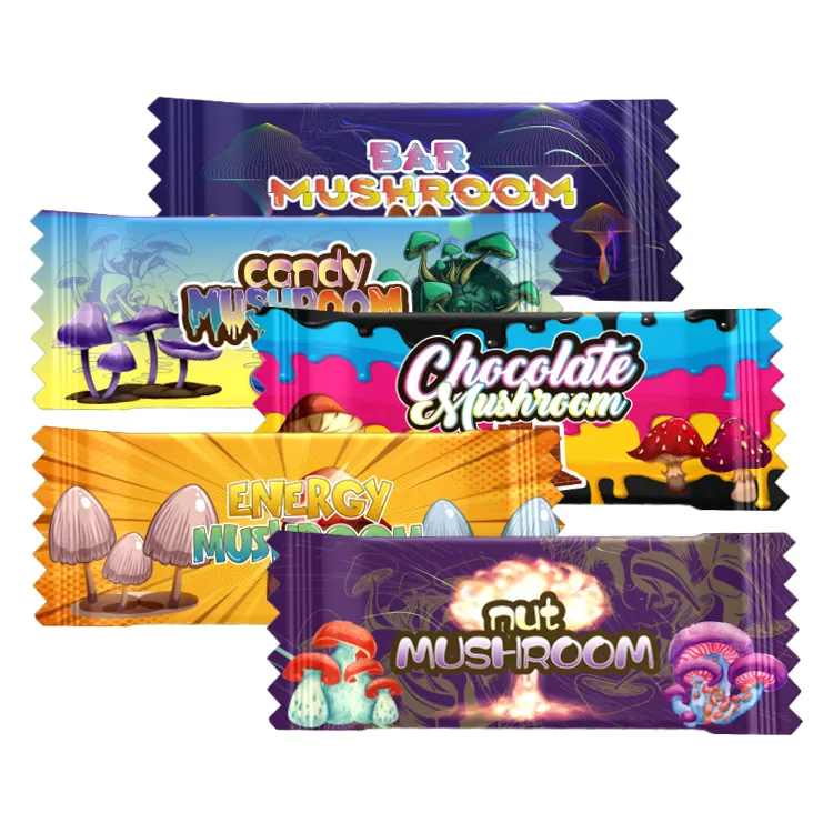 Custom printed heat seal Chocolate candy nut energy mushroom pillow bar sachet packaging bag