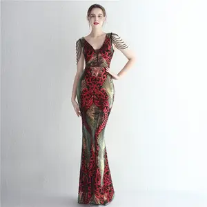 19263# Whole piece positioning floral cut ten craft beaded long short sleeve sequin Fishtail dress