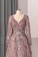Mily Nupcial LWC8178 Vestidos de lujo Noche Con cuentas A-line Manga larga Escote en V Elegante Lentejuelas Hasta el suelo Vestidos de fiesta
