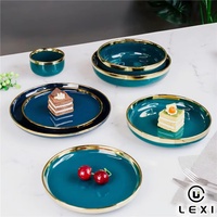 Service de table en céramique vert sauge moderne avec bord doré, assiettes, bols, vaisselle en porcelaine pour la maison, l'hôtel, le restaurant, un cadeau de mariage
