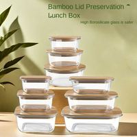 Boîte à lunch en verre borosilicate haute résistance avec couvercle en bambou, résistante aux hautes températures, rectangulaire, chauffable, anti-fuite, utilisable au micro-ondes, 1-3L