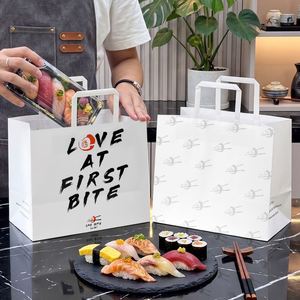 Custom Eco-Friendly Disposable Recyclable Biodegradable Kraft Paper <b>Bags</b> with Flat Handles for Sushi Takeaway - Product Image 4