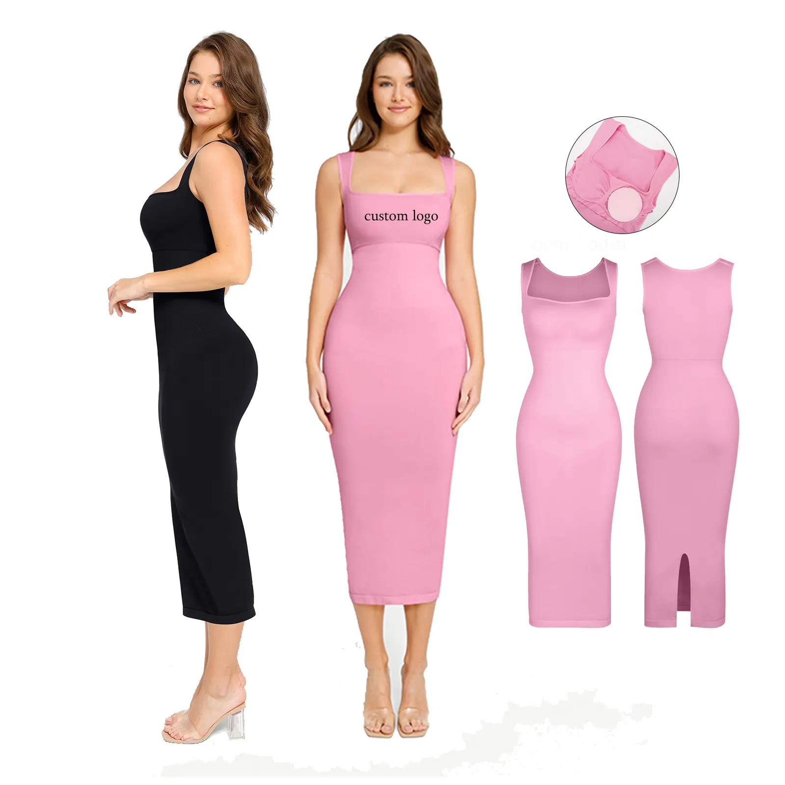 Bán buôn thiết kế mới mùa xuân và mùa hè liền mạch Vuông Cổ Midi Bodycon được xây dựng trong Shapewear ăn mặc thanh lịch ăn mặc giản dị cho phụ nữ