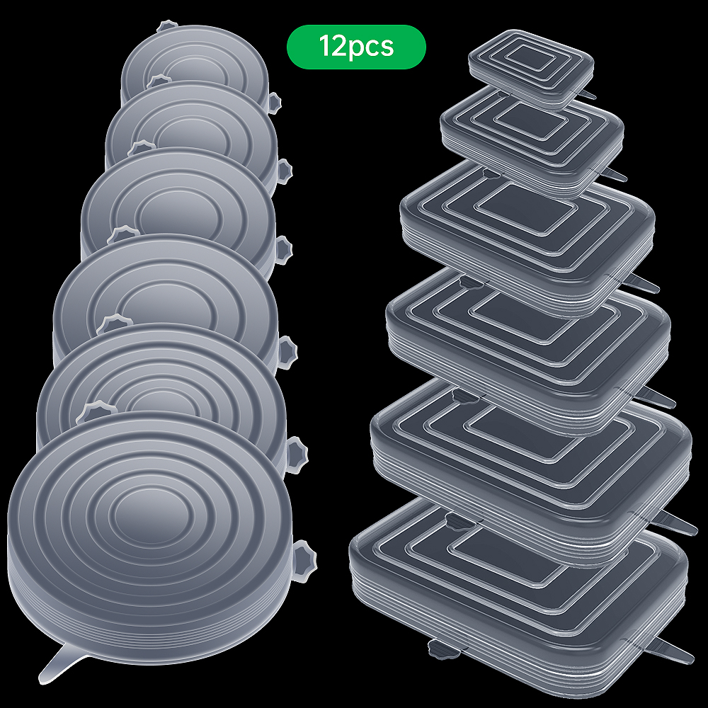Круглые растягивающиеся крышки многоразового использования, силиконовые безопасные для пищевых продуктов, растягивающиеся крышки, набор из 12 шт.