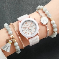 Jam tangan kuarsa silikon Analog wanita, 5 buah/Set jam tangan Fashion kasual gelang Nadi marmer