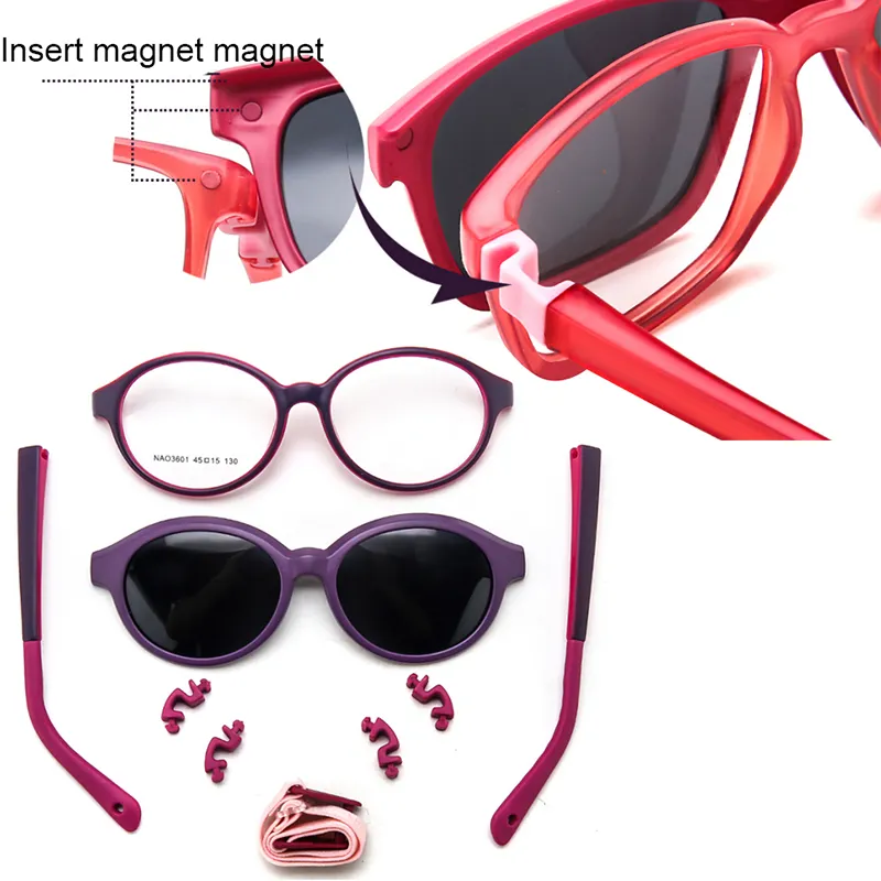 3601 Custom Luxury TR90 Magnetic Flexible Adjustable Strap Snap Clip On Polarized Sunglasses Kids Boys