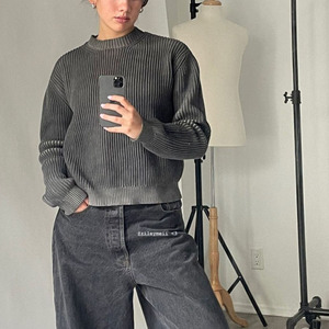 남성 스톤 워싱 니트웨어 남녀공용 케이블 니트 크루넥 스톤 애씨드 워시 염색 점퍼 맞춤 로고 골지 스웨터 풀오버 스웨트셔츠 - Product Image 4