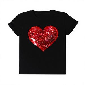 Camiseta de Mujer, Color Rojo Brillante, Manga Corta, Corte Ajustado, Cuello Redondo, Estampado de Corazón con Brillantina, Estilo Casual, Primavera-Verano, 100% Algodón Jersey - Product Image 1