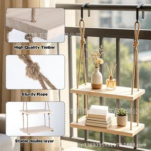 Simple wooden single-panel hemp rope hanging rack living room wall decorative <b>shelf</b>, no-drill multi-layer storage rack - Product Image 5