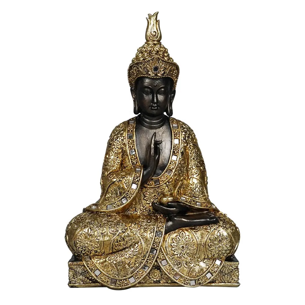 Buddha Figur sitzend mit Schale aus Poly gold 37cm Feng Shui Statue