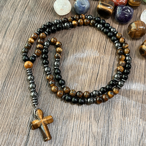 Collar con colgante de Cruz religiosa con cuentas de ojo de tigre amarillo hematita para hombres, regalo de estilo Hip Hop, joyería de Piedra de hierro - Product Image 4