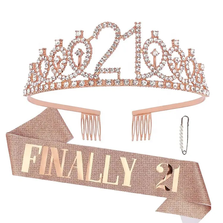 21歳の誕生日のサッシとクラウンセットの装飾女性最後に女の子のための21のラインストーンティアラの誕生日の王冠