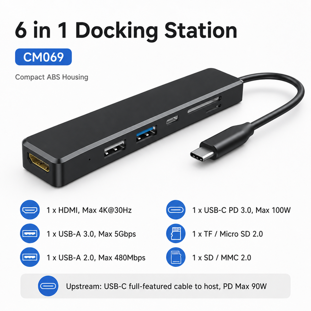 CM069 6-in-1 USB-C Hub with 4K HDMI 100W PD Charging 5Gbps USB 3.0 and SD/TF Card Readers