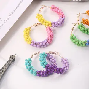 KinLing OEM Fashion Boho spring 2023 Summer earrings Multicolor Handmade rice see bead earrings beaded hoop earrings women