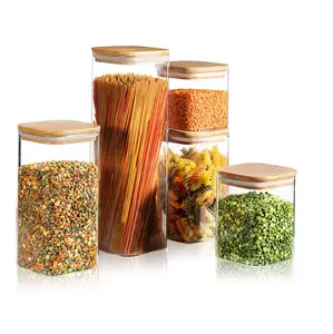 ラベルとメーカーが付いている気密の透明なキッチンパントリースクエアガラス竹のふた食品貯蔵容器